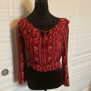 Divided Red Floral Peasant Blouse with Ruffled Neckline